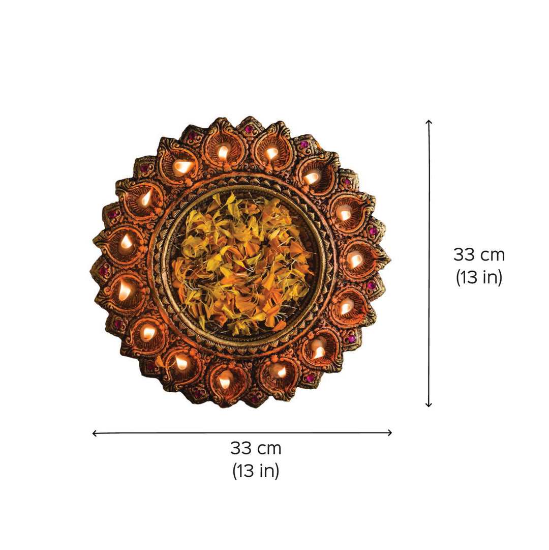 Handmade Medium Decorative 15 Terracotta Diya & Urli Platter | 13 inch