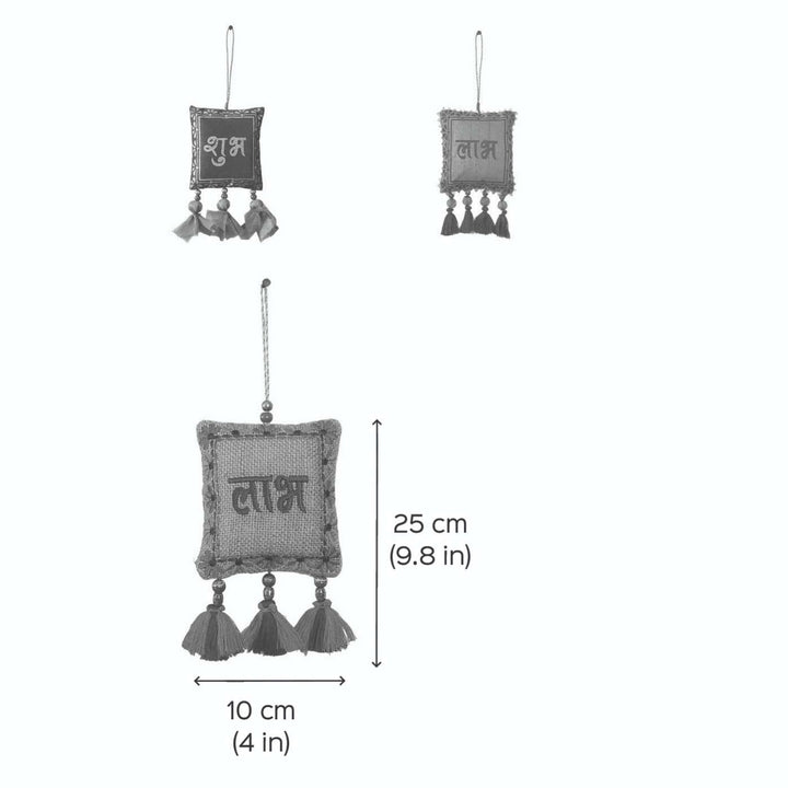 Handmade Orange Shubh Labh Fabric Hanging | Set of 2