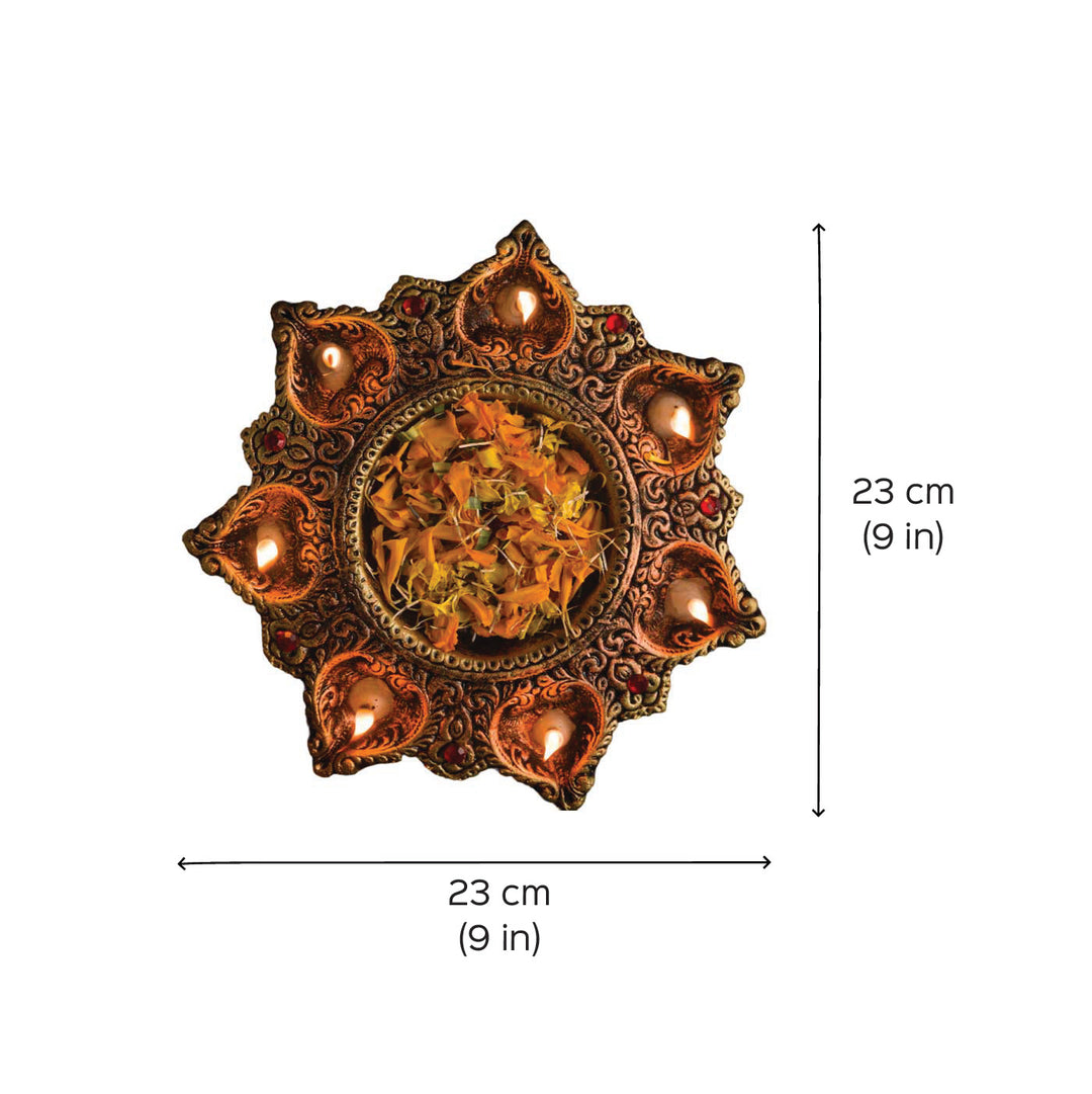 Handmade Small Decorative 7 Terracotta Diya & Urli Platter | 9 inch