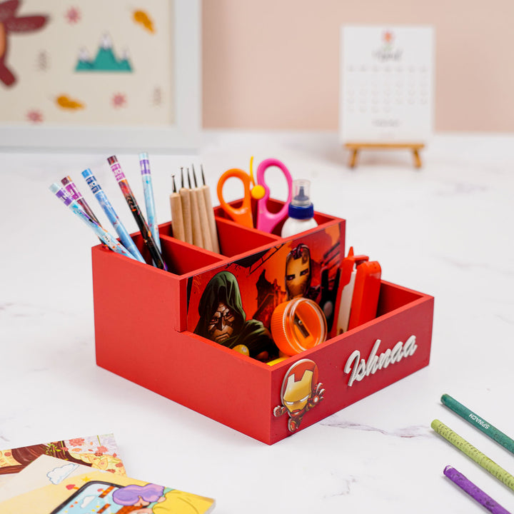 Personalized Ironman Theme Mdf Wood Stationery Organizer For Kids