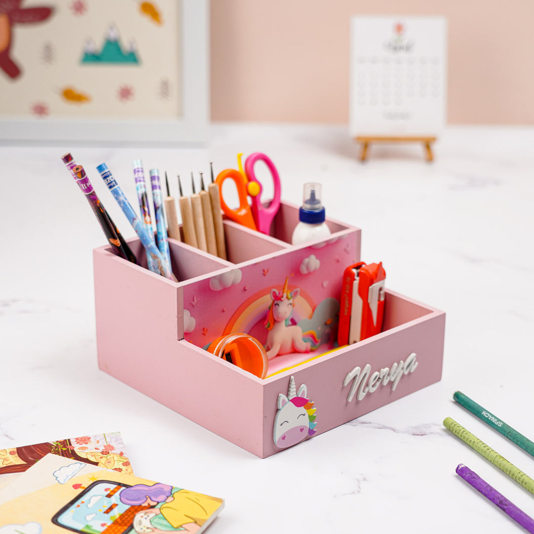 Personalized Unicorn Theme Mdf Wood Stationery Organizer For Kids