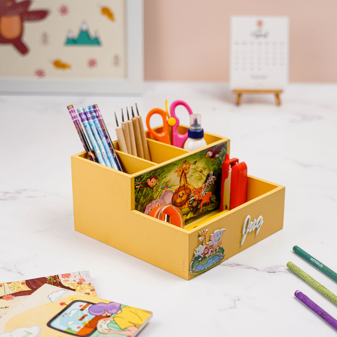 Personalized Jungle Theme Mdf Wood Stationery Organizer For Kids