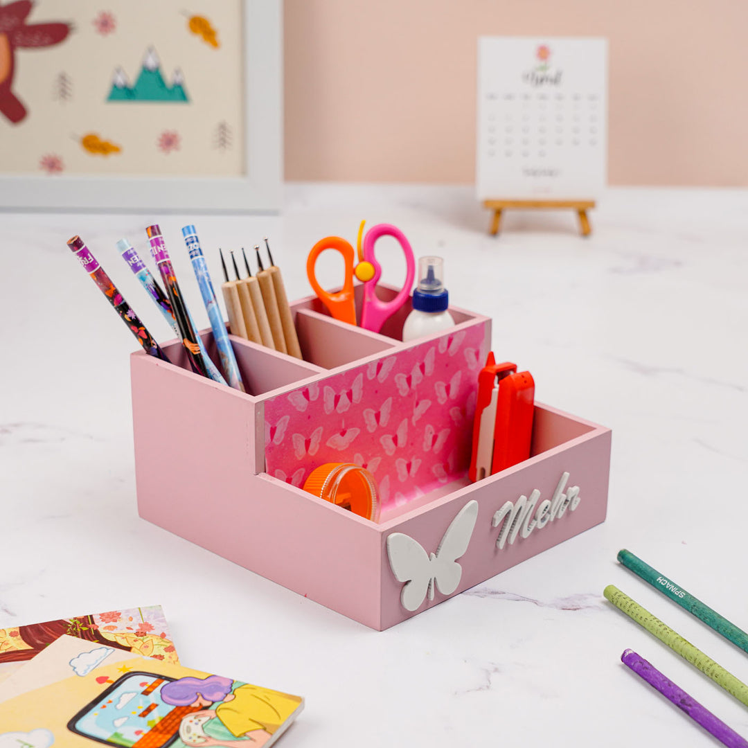 Personalized Butterfly Theme Mdf Wood Stationery Organizer For Kids