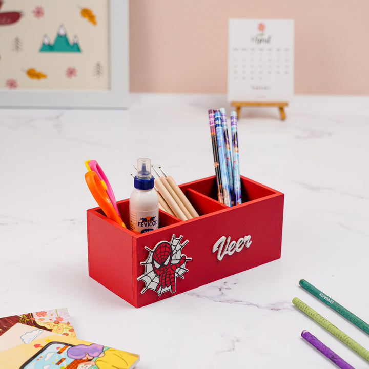 Personalized Spiderman Theme Mdf Wood Stationery Organizer For Kids