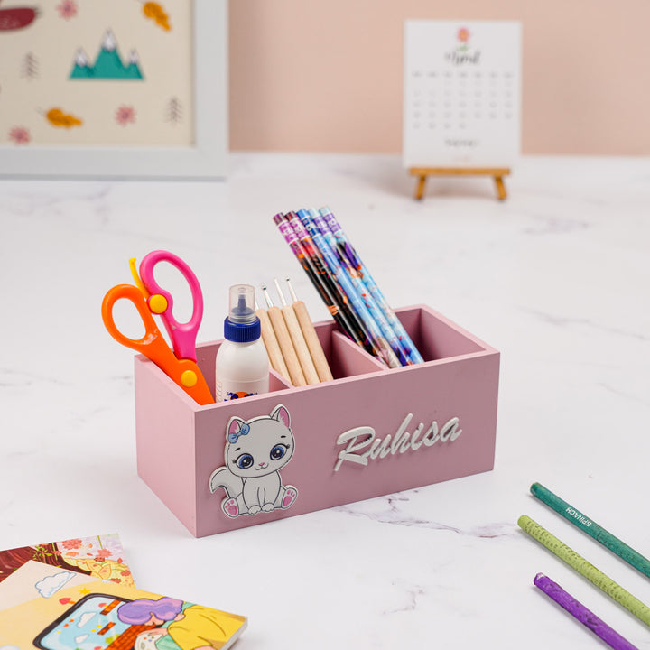 Personalized Cat Theme Mdf Wood Stationery Organizer For Kids