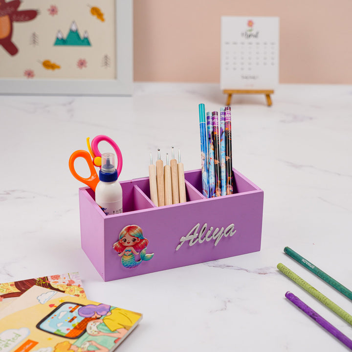 Personalized Mermaid Theme Mdf Wood Stationery Organizer For Kids