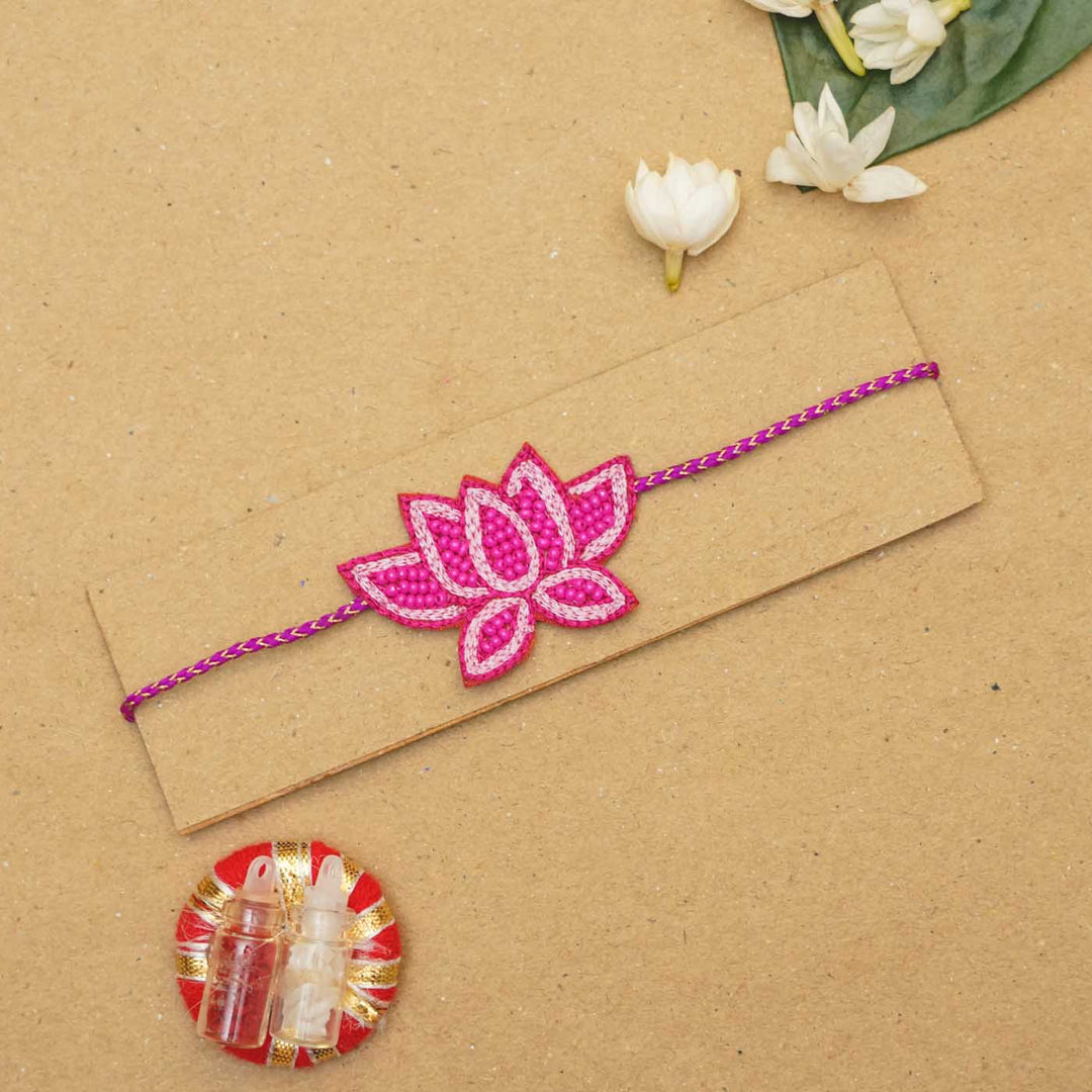 Handmade Beaded Lotus Rakhi With Roli Chawal