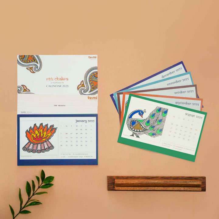 Printed Madhubani Art ṚTu Chakra Paper Table Calender