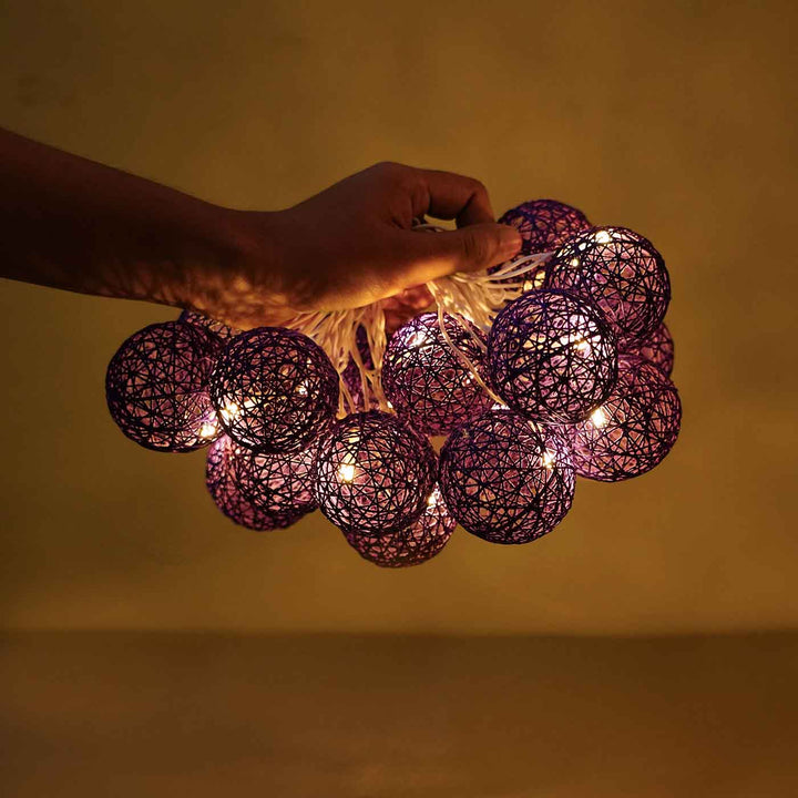 Handcrafted Yarn Spherical Fairy Light Hangings -  Purple