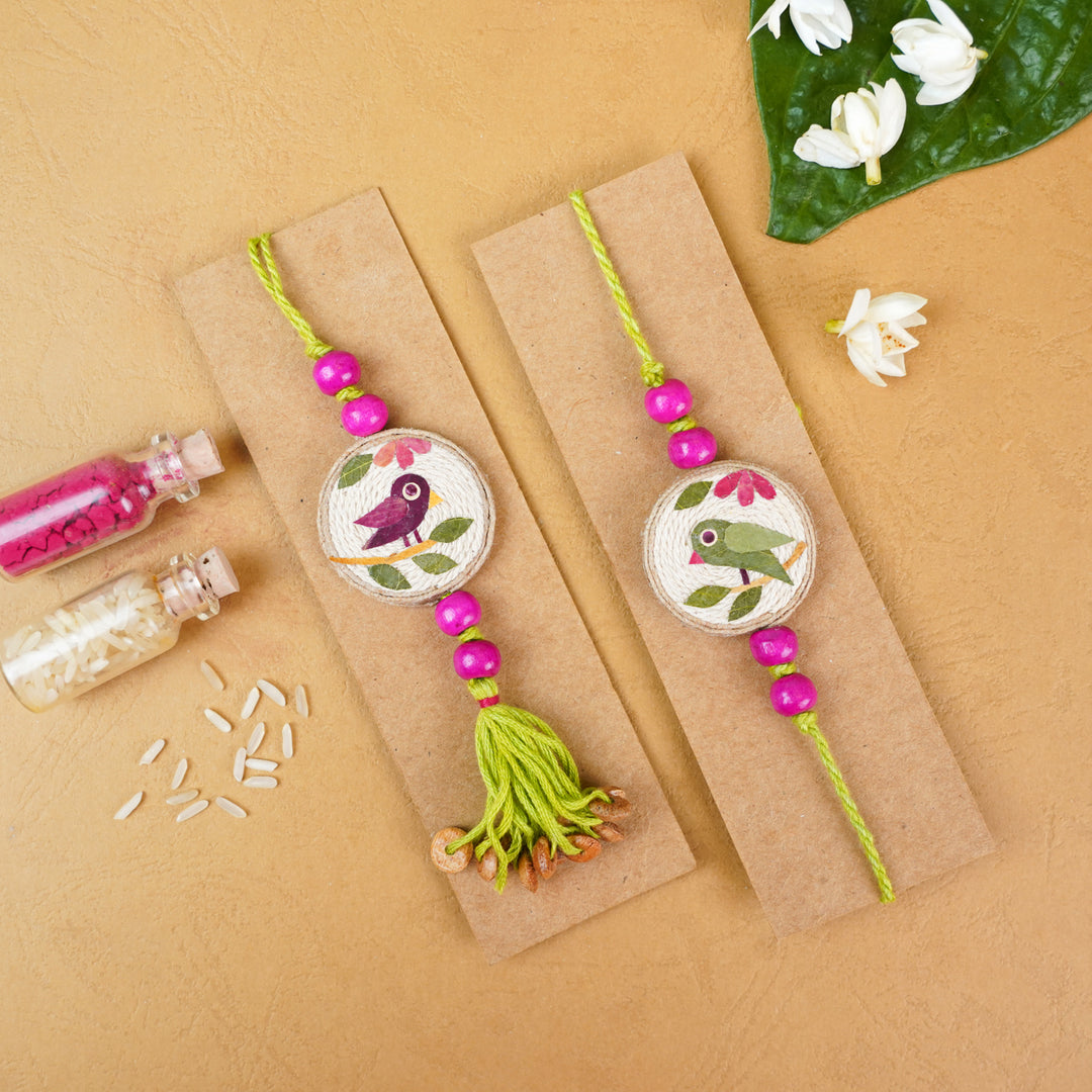 Handmade Eco-friendly Tota-Maina Pressed Flower Bhaiya Bhabhi Rakhi with Roli Chawal I Set of 2