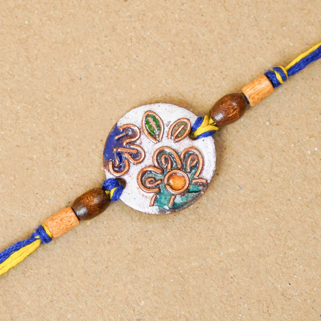 Handmade Phool White Copper Enamel Rakhi With Chocolates & Roli Chawal