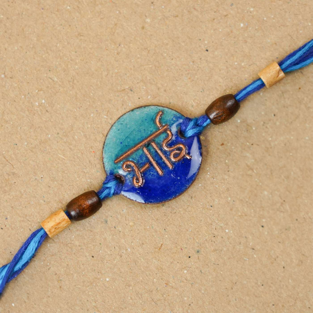 Handmade Bhai Blue Copper Enamel Rakhi With Chocolates & Roli Chawal