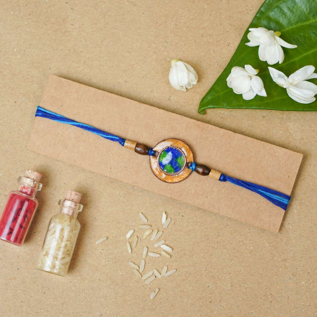 Handmade Earthy Brown Copper Enamel Rakhi With Chocolates & Roli Chawal