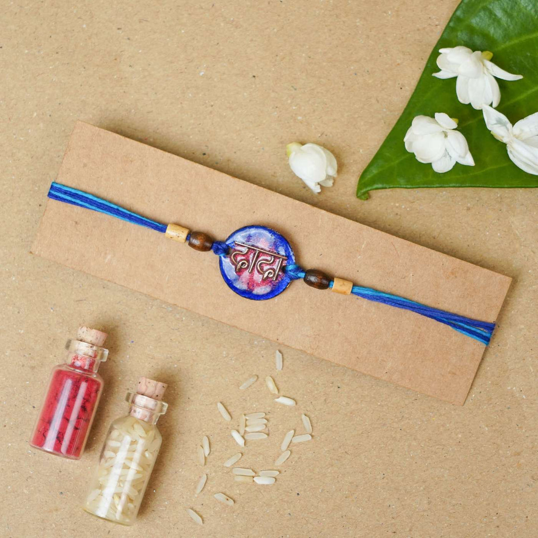 Handmade Dada Blue Copper Enamel Rakhi With Chocolates & Roli Chawal