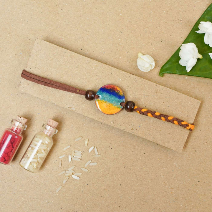 Handmade Indraa Multicolour Copper Enamel Rakhi With Chocolates & Roli Chawal