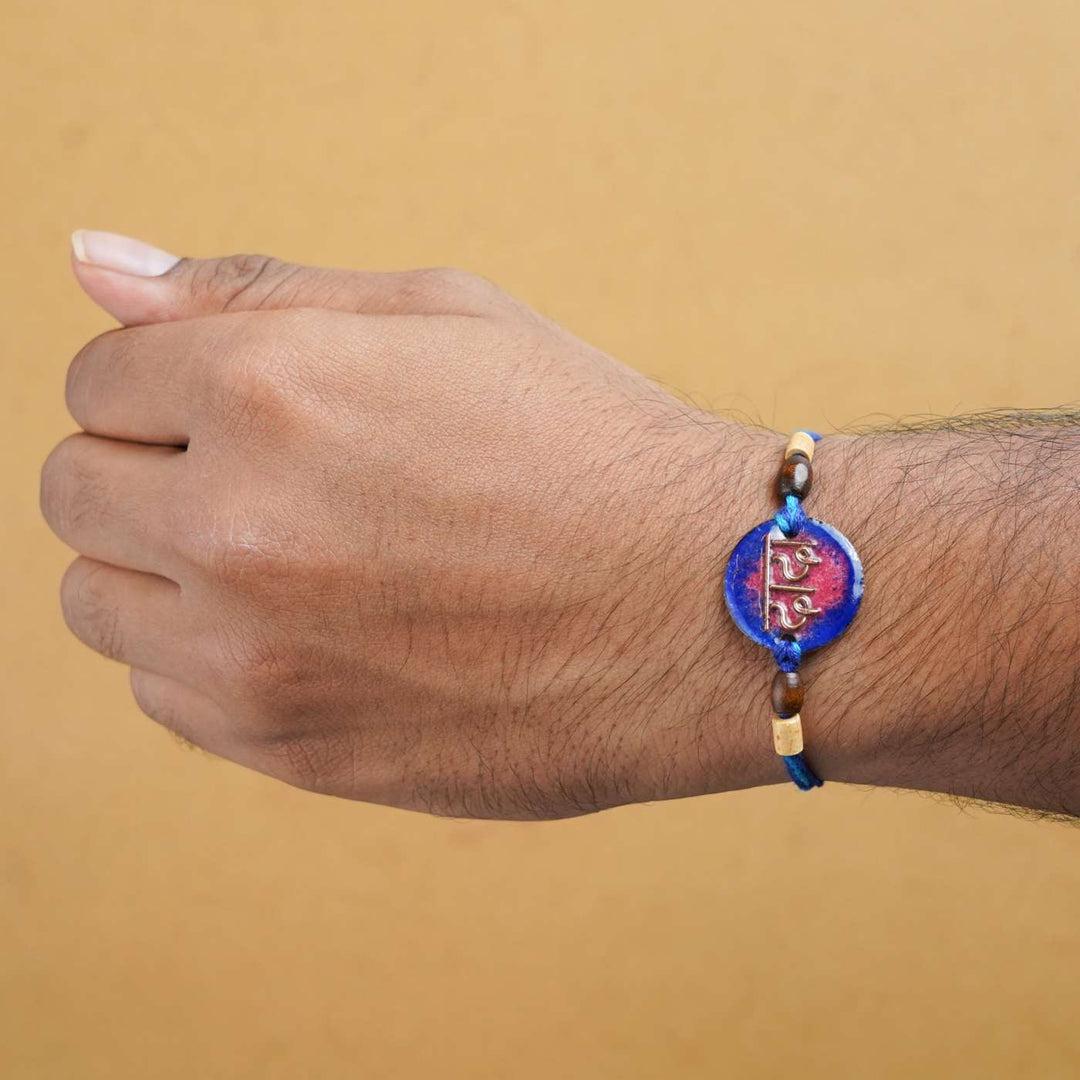 Handmade Dada Blue Copper Enamel Rakhi With Chocolates & Roli Chawal