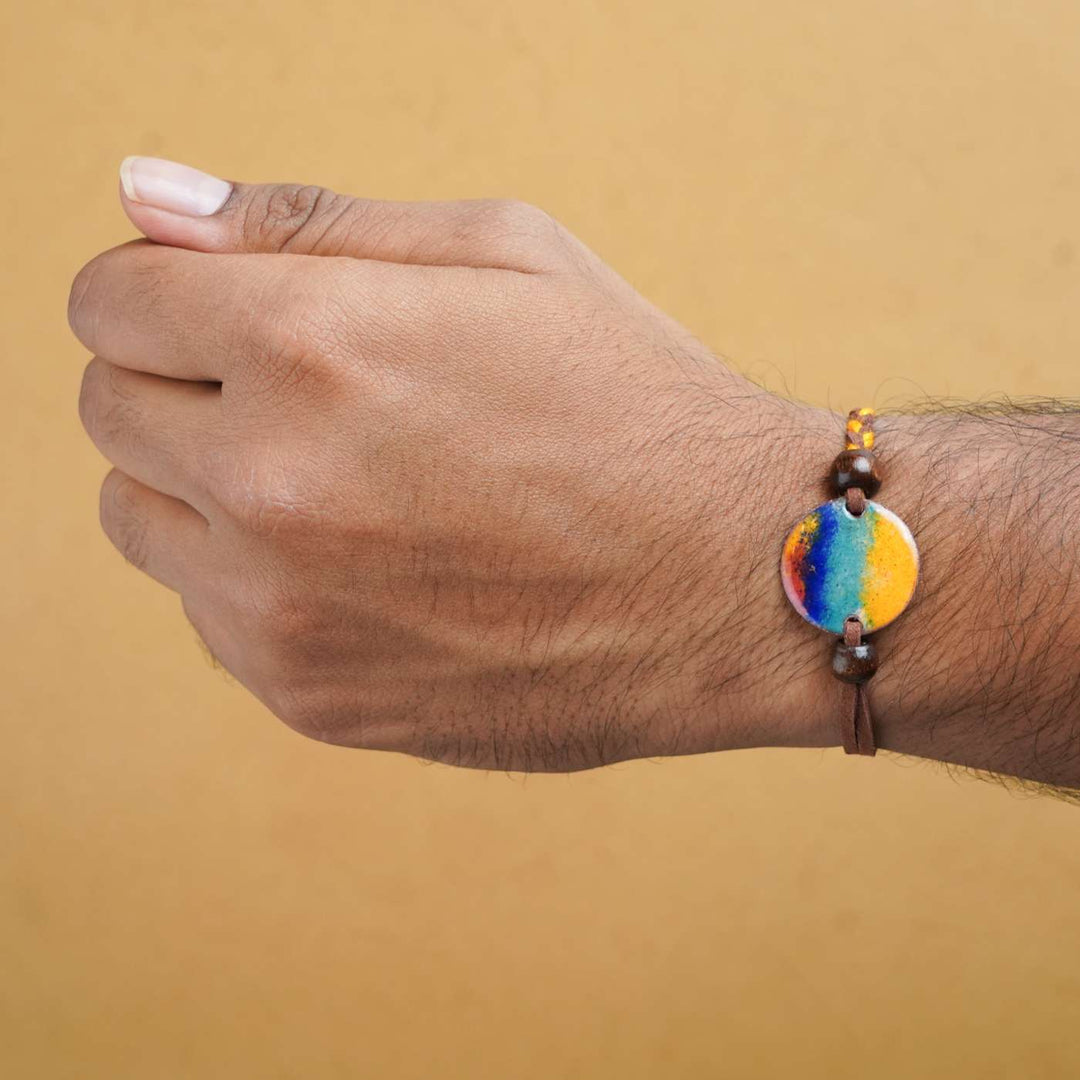 Handmade Indraa Multicolour Copper Enamel Rakhi With Chocolates & Roli Chawal