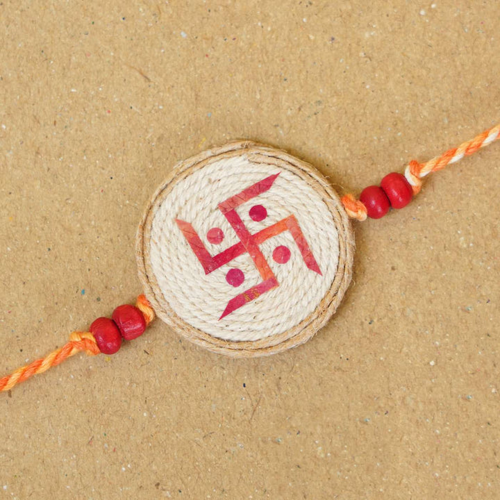 Handmade Pressed Flower Art Swastika Jute Rakhi With Roli Chawal