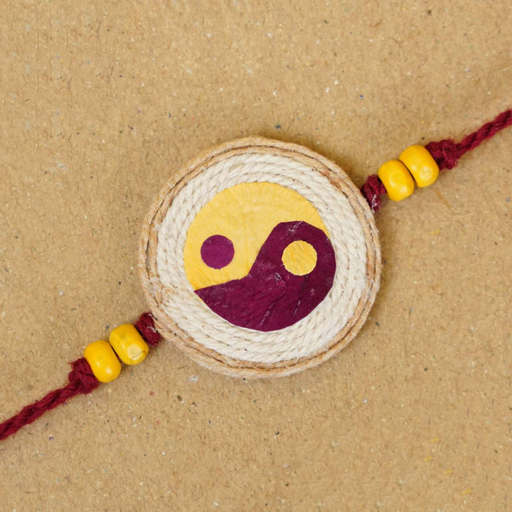 Handmade Pressed Flower Art Yin & Yang Jute Rakhi With Roli Chawal