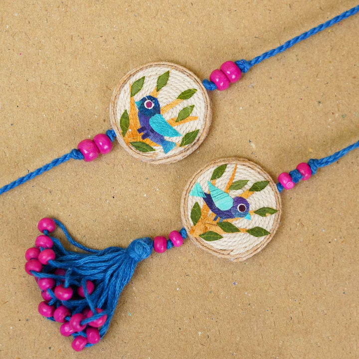 Handmade Pressed Flower Art Bluebird Jute Bhaiya Bhabhi Rakhi With Roli Chawal | Set of 2