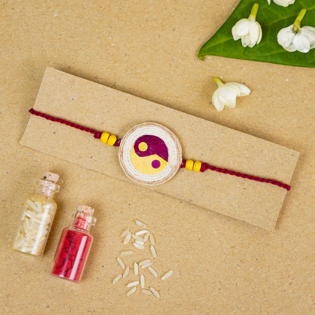 Handmade Pressed Flower Art Yin & Yang Jute Rakhi With Roli Chawal