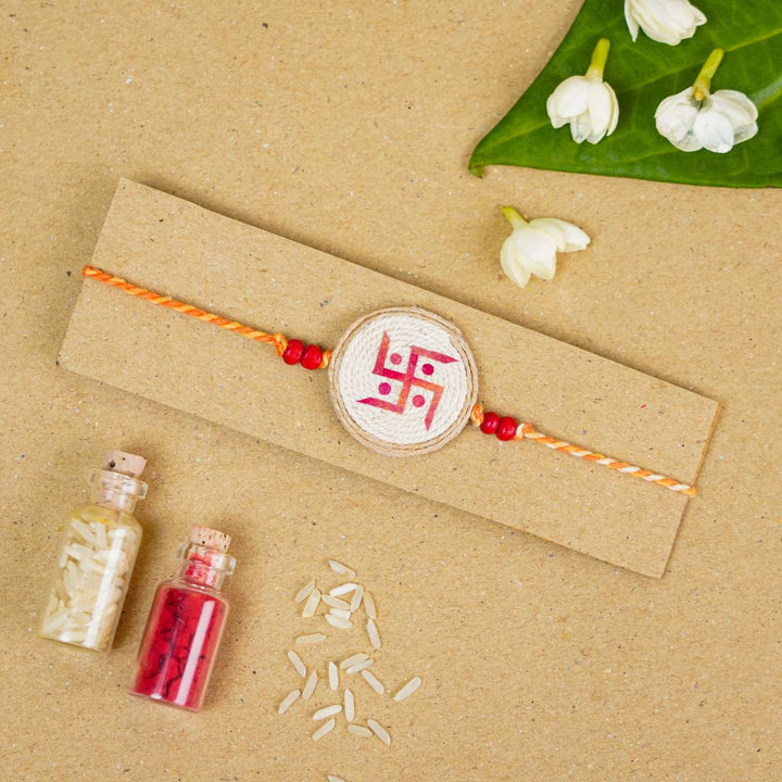 Handmade Pressed Flower Art Swastika Jute Rakhi With Roli Chawal