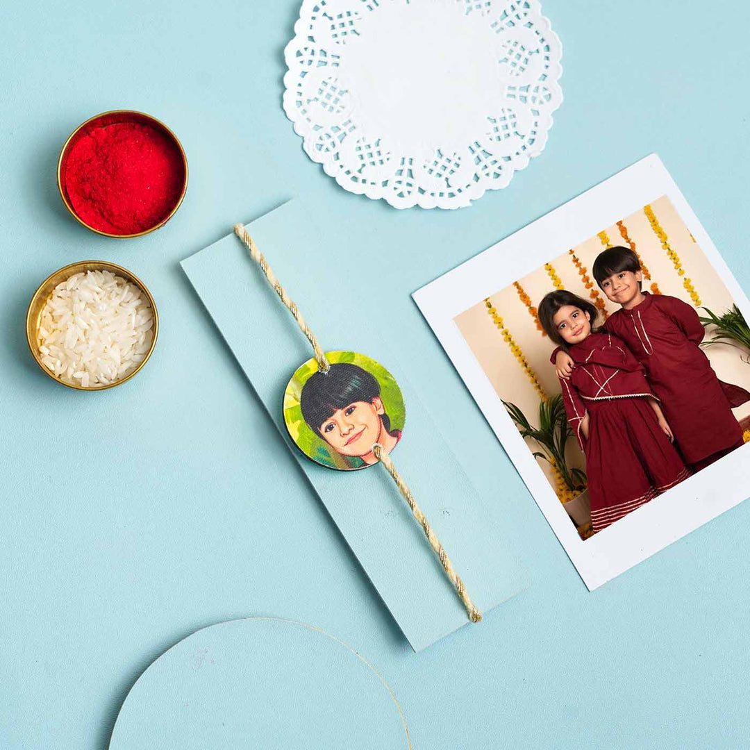 Handpainted Photo Customized Caricature Rakhi With Roli & Chawal