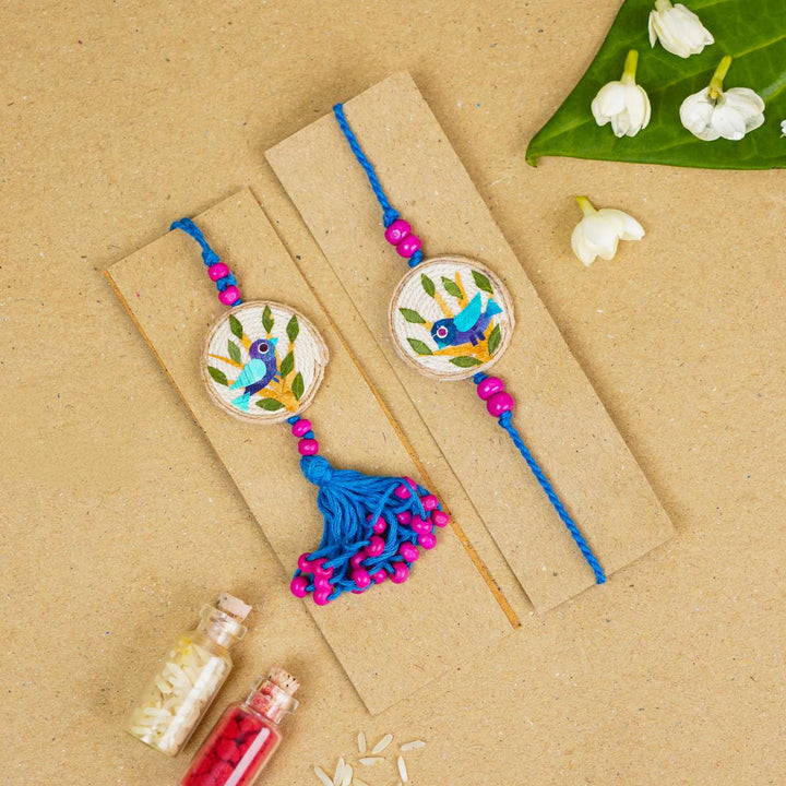 Handmade Pressed Flower Art Bluebird Jute Bhaiya Bhabhi Rakhi With Roli Chawal | Set of 2