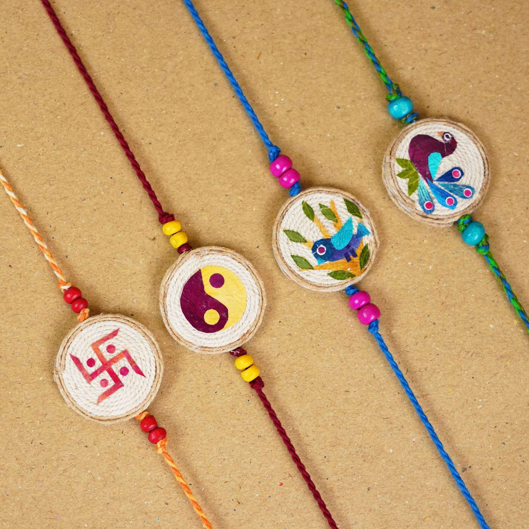 Handmade Pressed Flower Art Swastika Jute Rakhi With Roli Chawal