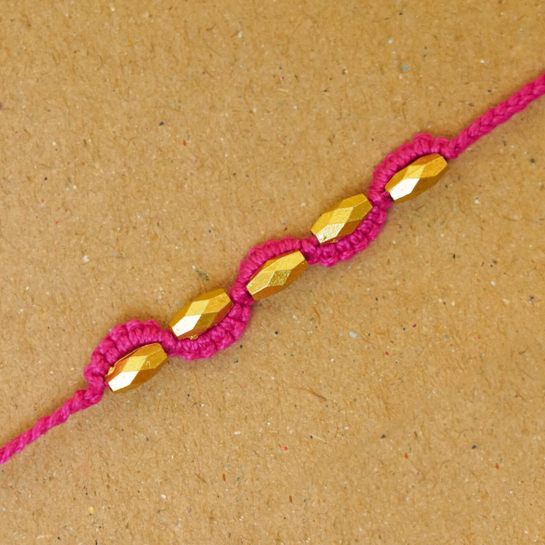 Handmade Macrame Five Gold Beaded Rakhi With Roli Chawal