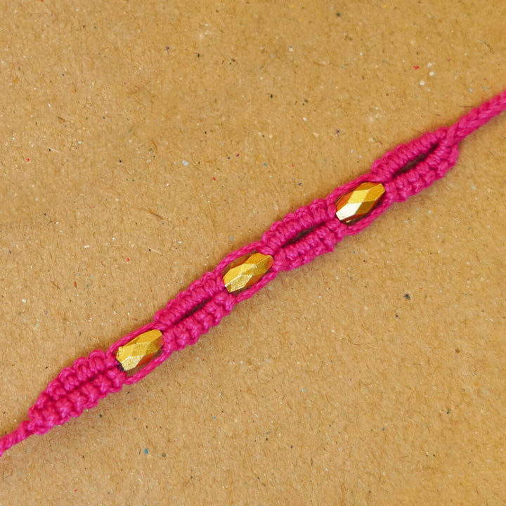 Handmade Macrame Three Gold Beaded Rakhi With Roli Chawal