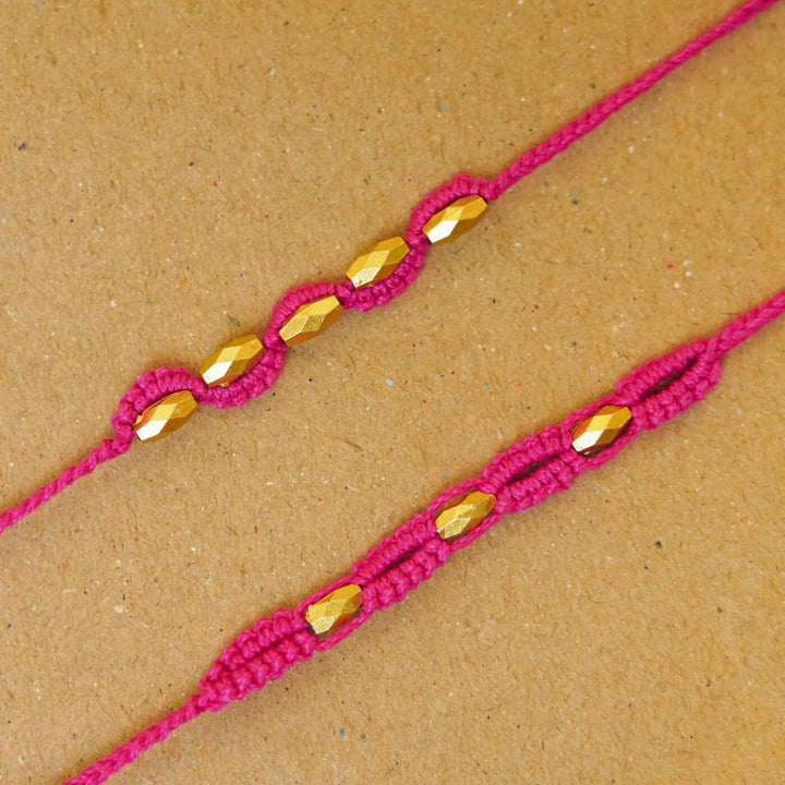 Handmade Macrame Gold Beaded Rakhi With Roli Chawal | Set of 2