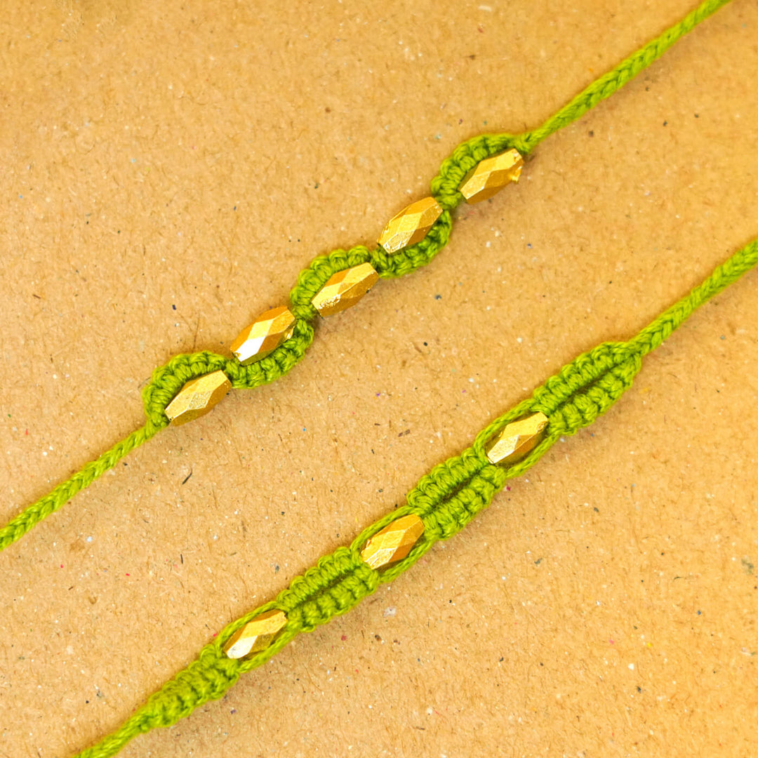 Handmade Macrame Gold Beaded Rakhi With Roli Chawal | Set of 2