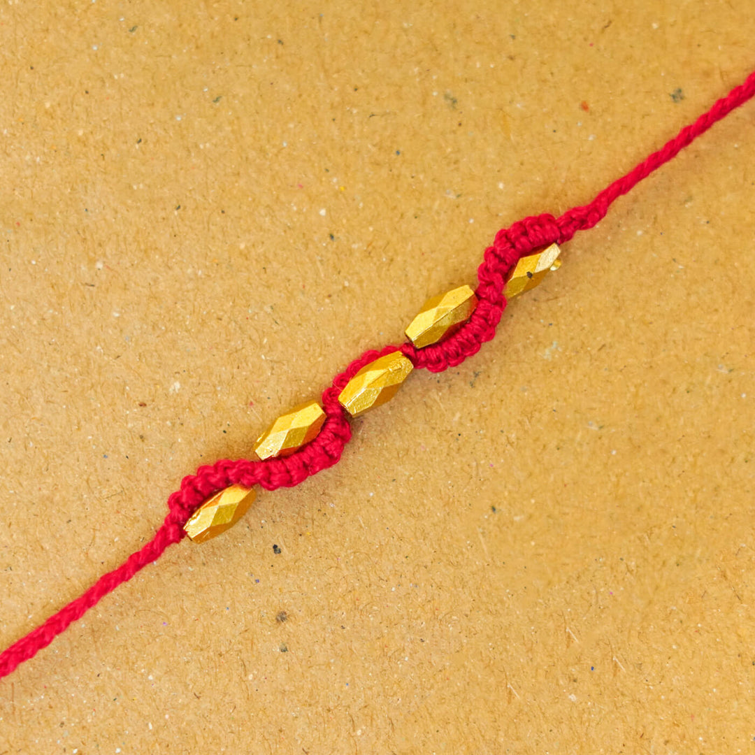 Handmade Macrame Five Gold Beaded Rakhi With Roli Chawal