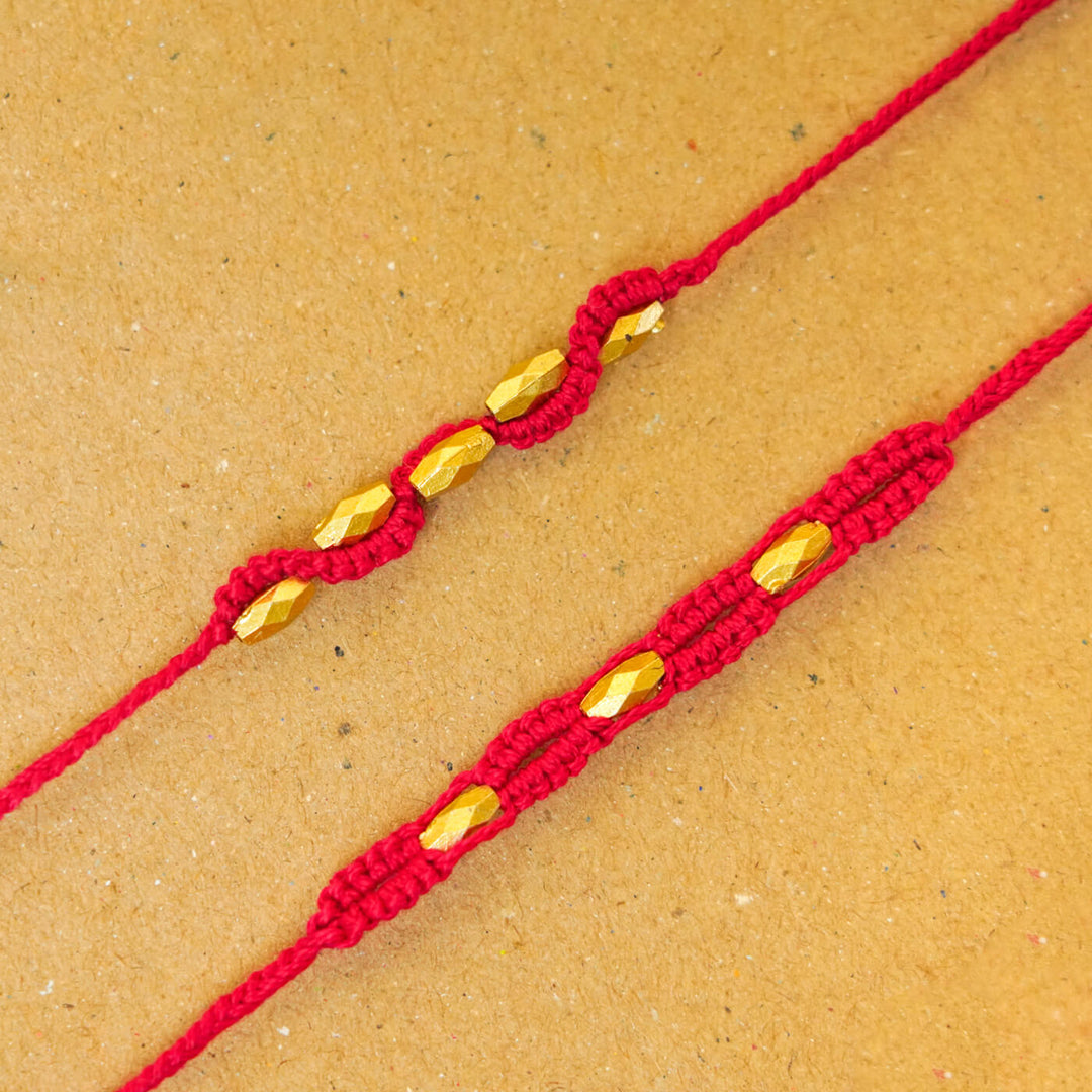 Handmade Macrame Gold Beaded Rakhi With Roli Chawal | Set of 2