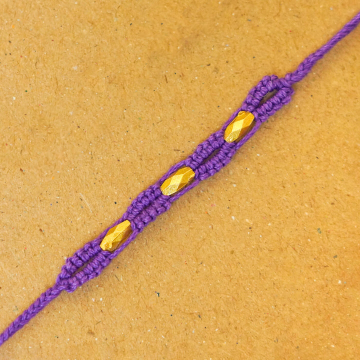 Handmade Macrame Three Gold Beaded Rakhi With Roli Chawal