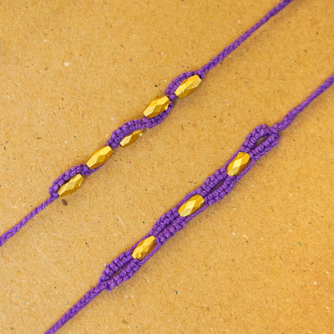 Handmade Macrame Gold Beaded Rakhi With Roli Chawal | Set of 2