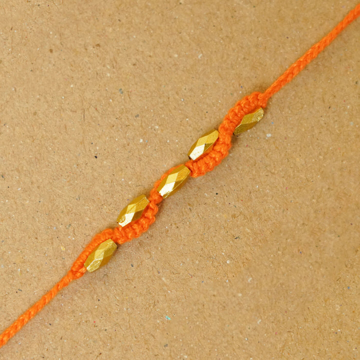 Handmade Macrame Five Gold Beaded Rakhi With Roli Chawal