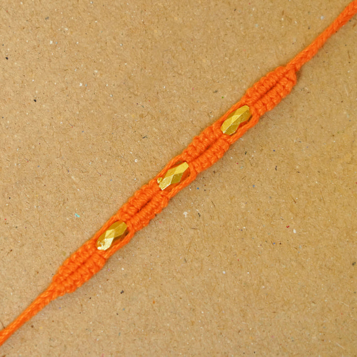 Handmade Macrame Three Gold Beaded Rakhi With Roli Chawal