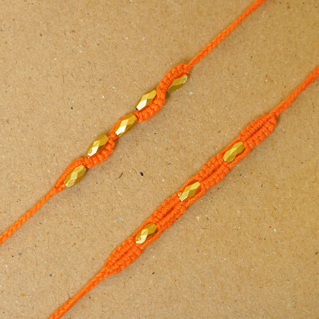 Handmade Macrame Gold Beaded Rakhi With Roli Chawal | Set of 2