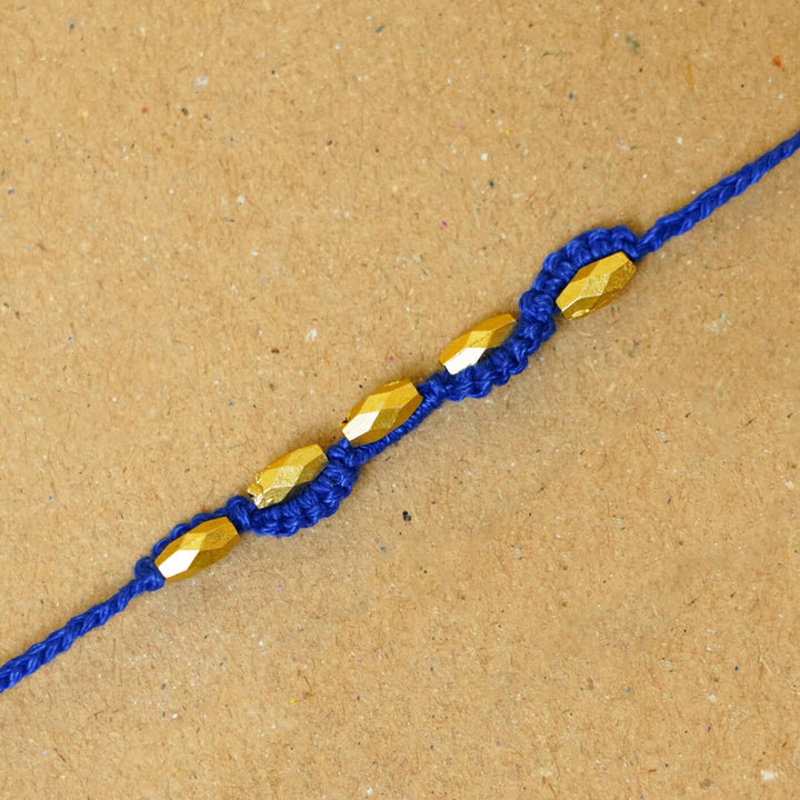 Handmade Macrame Five Gold Beaded Rakhi With Roli Chawal