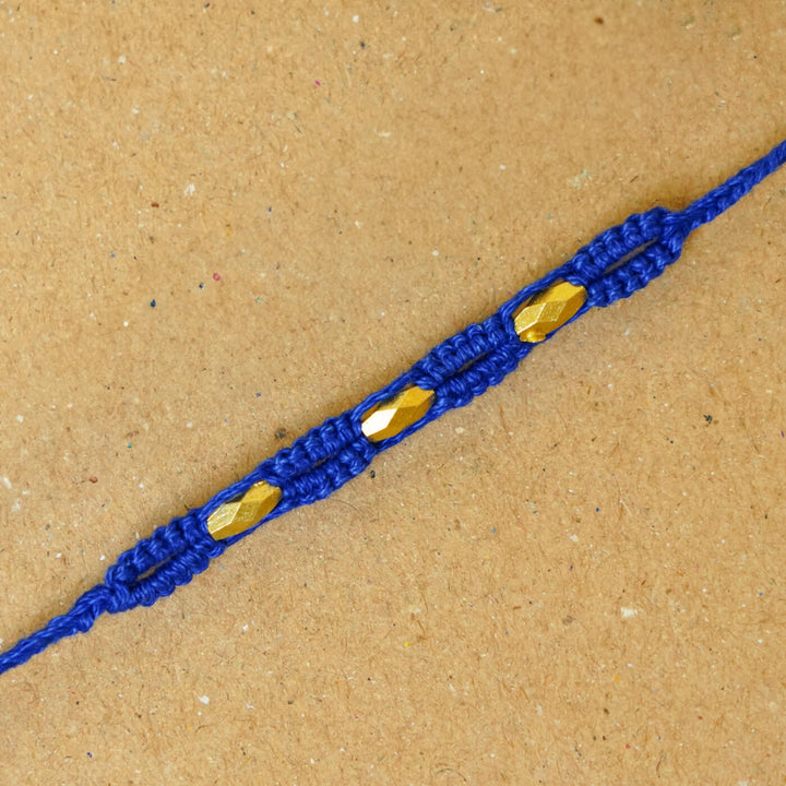 Handmade Macrame Three Gold Beaded Rakhi With Roli Chawal