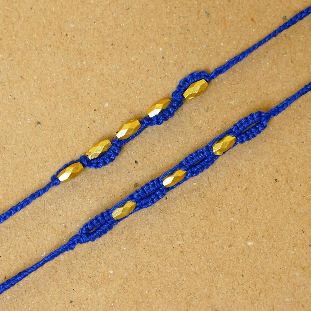 Handmade Macrame Gold Beaded Rakhi With Roli Chawal | Set of 2