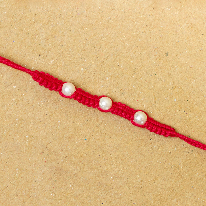 Handmade Macrame Three Pearl Rakhi With Roli Chawal