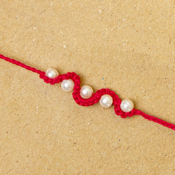 Handmade Macrame Five Pearl Rakhi With Roli Chawal