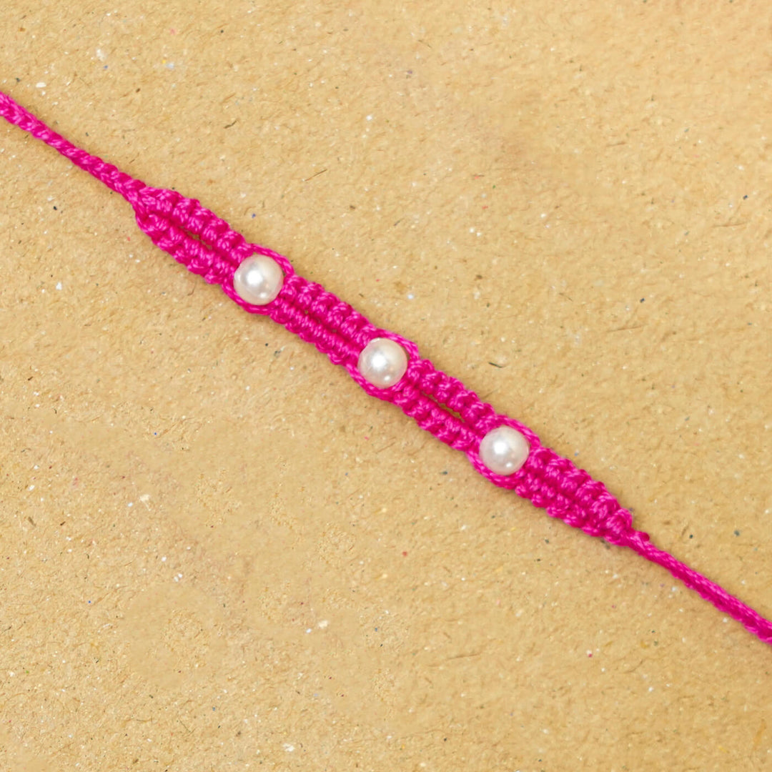 Handmade Macrame Three Pearl Rakhi With Roli Chawal