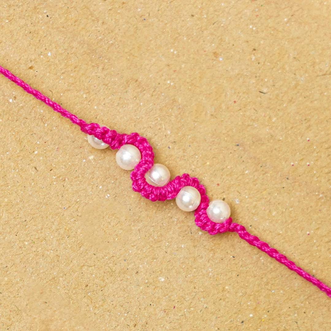 Handmade Macrame Five Pearl Rakhi With Roli Chawal