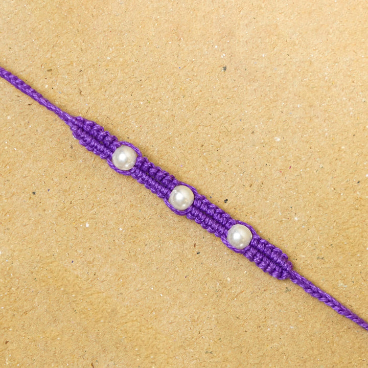 Handmade Macrame Three Pearl Rakhi With Roli Chawal