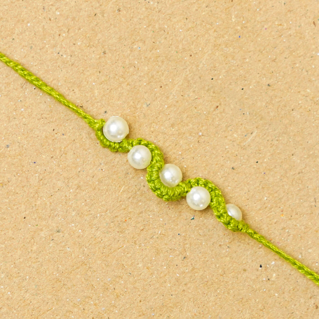 Handmade Macrame Five Pearl Rakhi With Roli Chawal