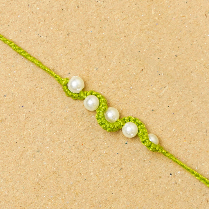 Handmade Macrame Five Pearl Rakhi With Roli Chawal